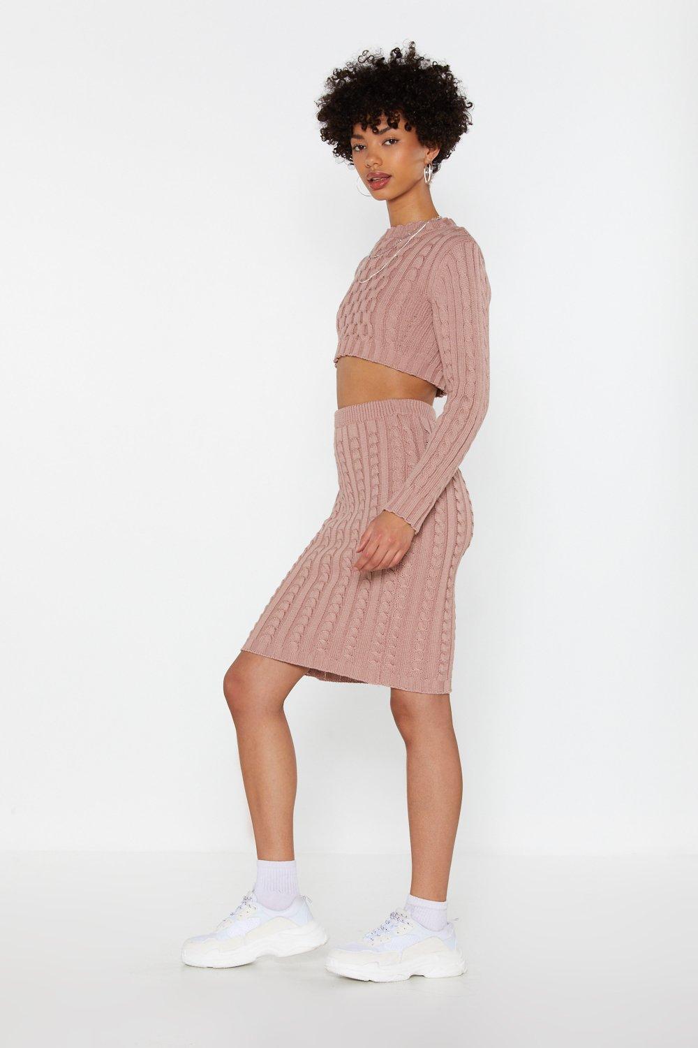 Whatever Knit Takes Cable Knit Cropped Sweater and Skirt Set