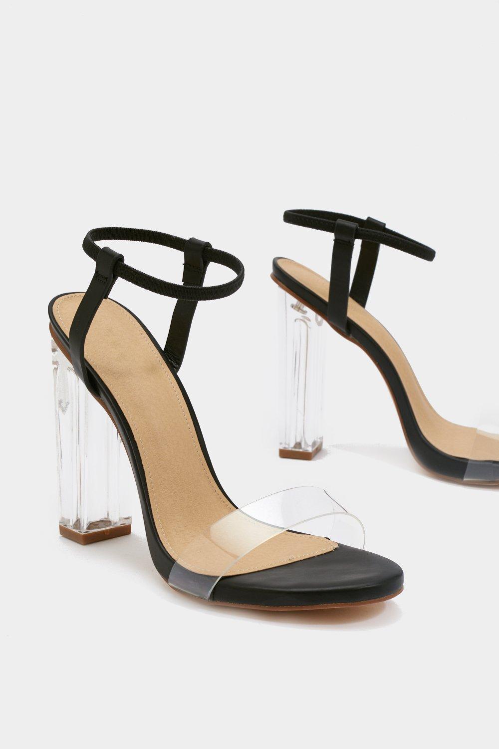 clear strap black block heels