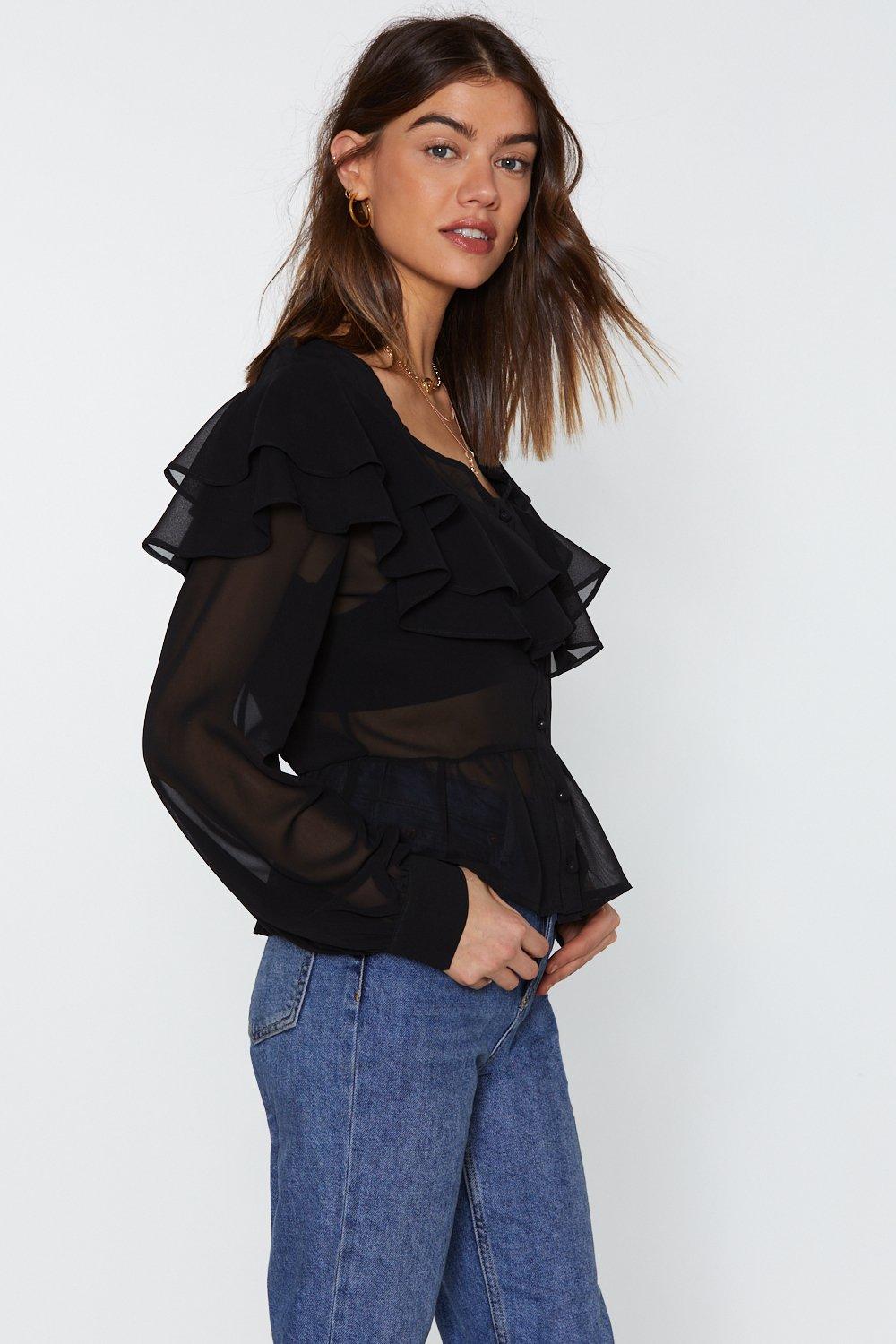 Black sheer ruffle blouse clearance