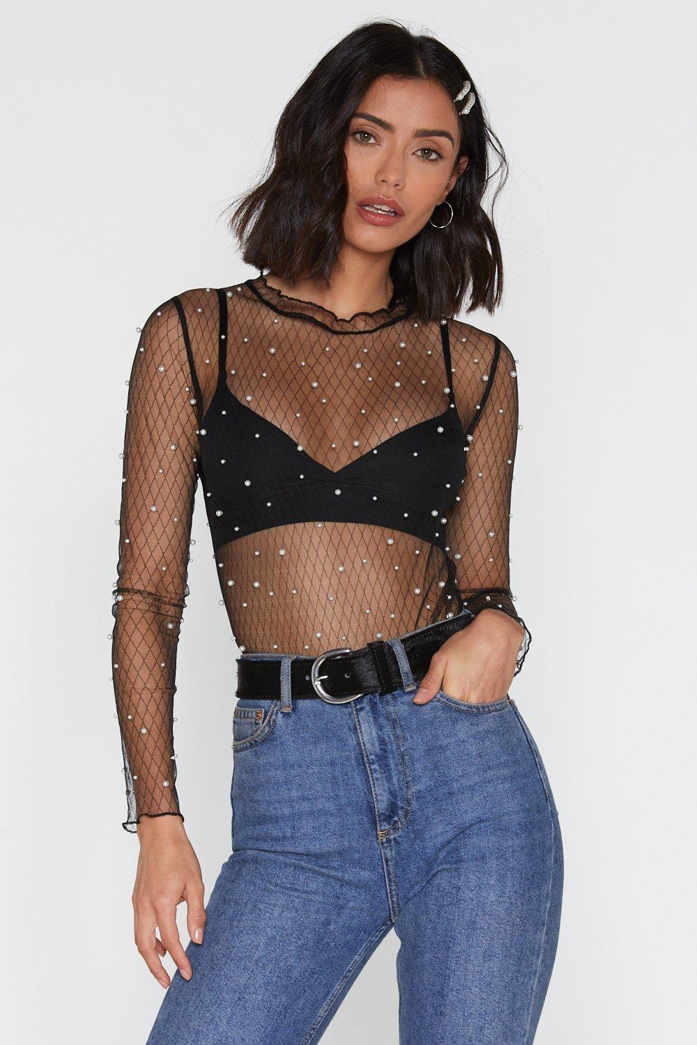 black sheer top with pearls