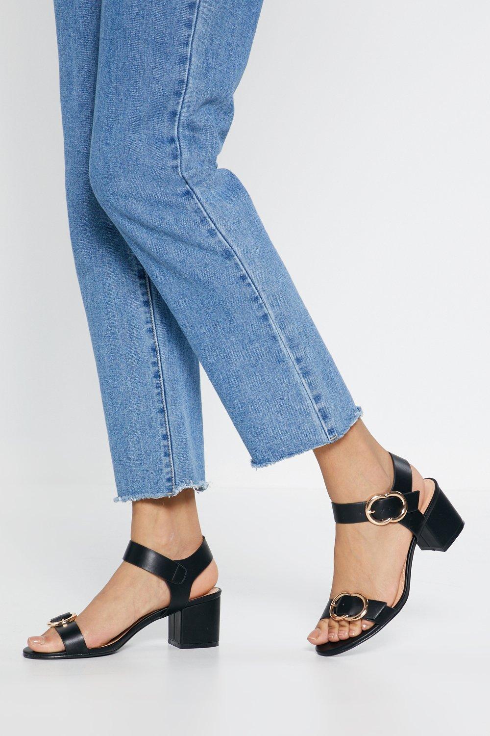 black buckle block heel sandals