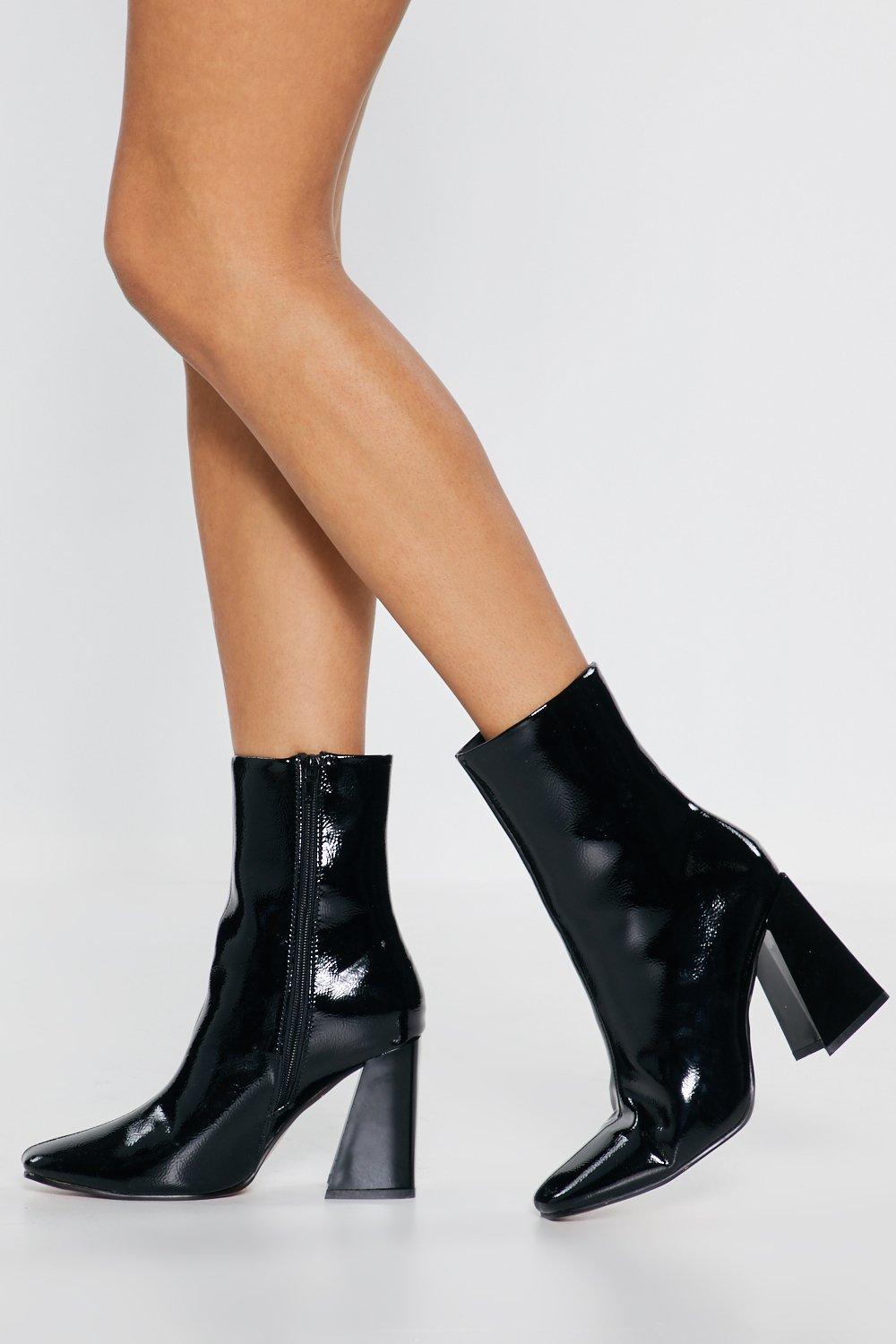 square toe patent leather boots