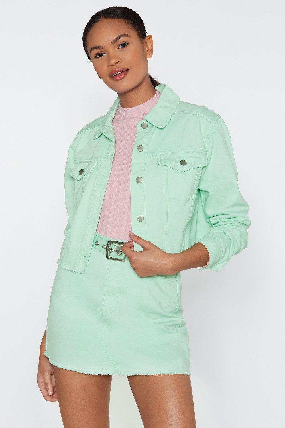 mint green denim jacket