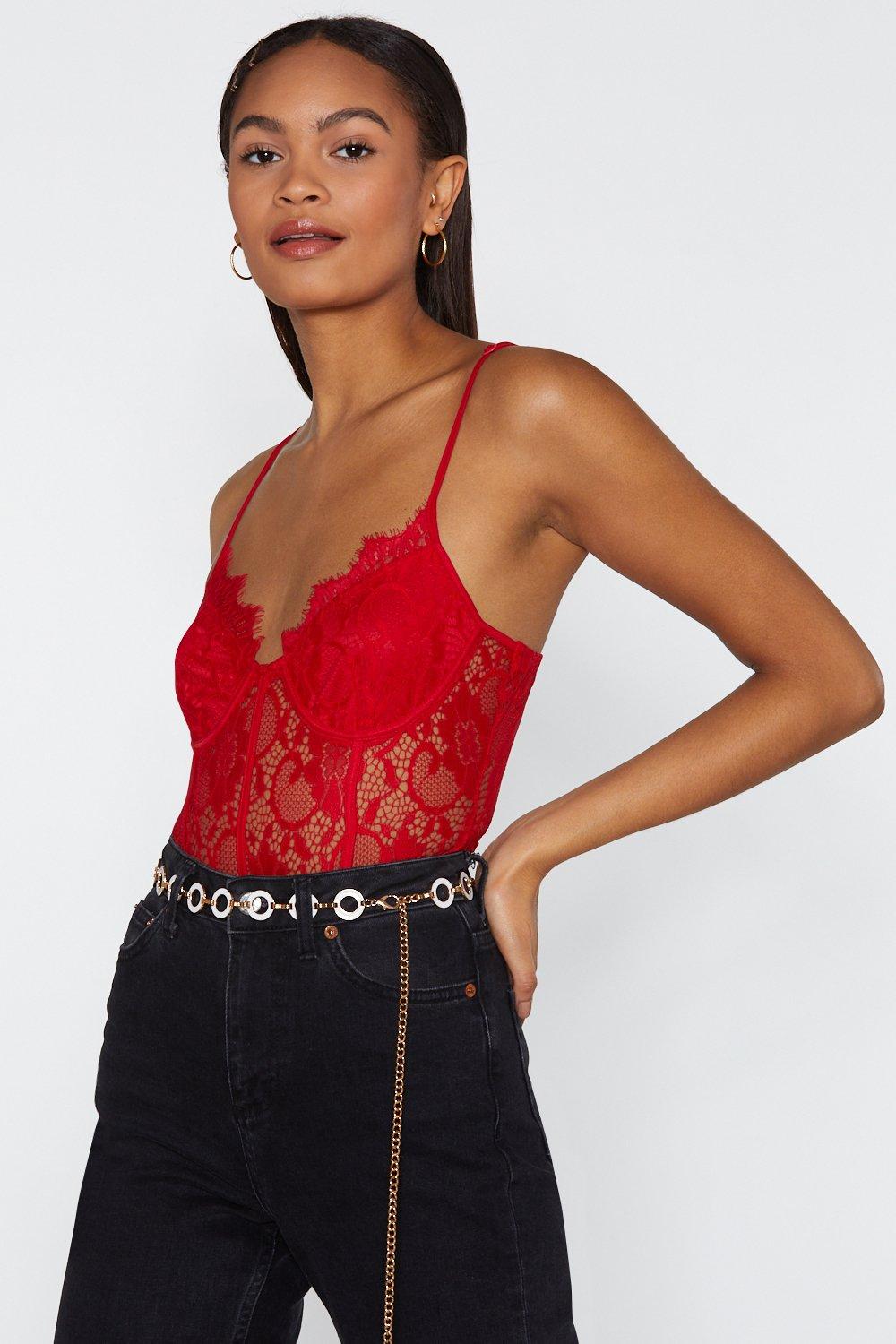 red lace bodysuit with jeans