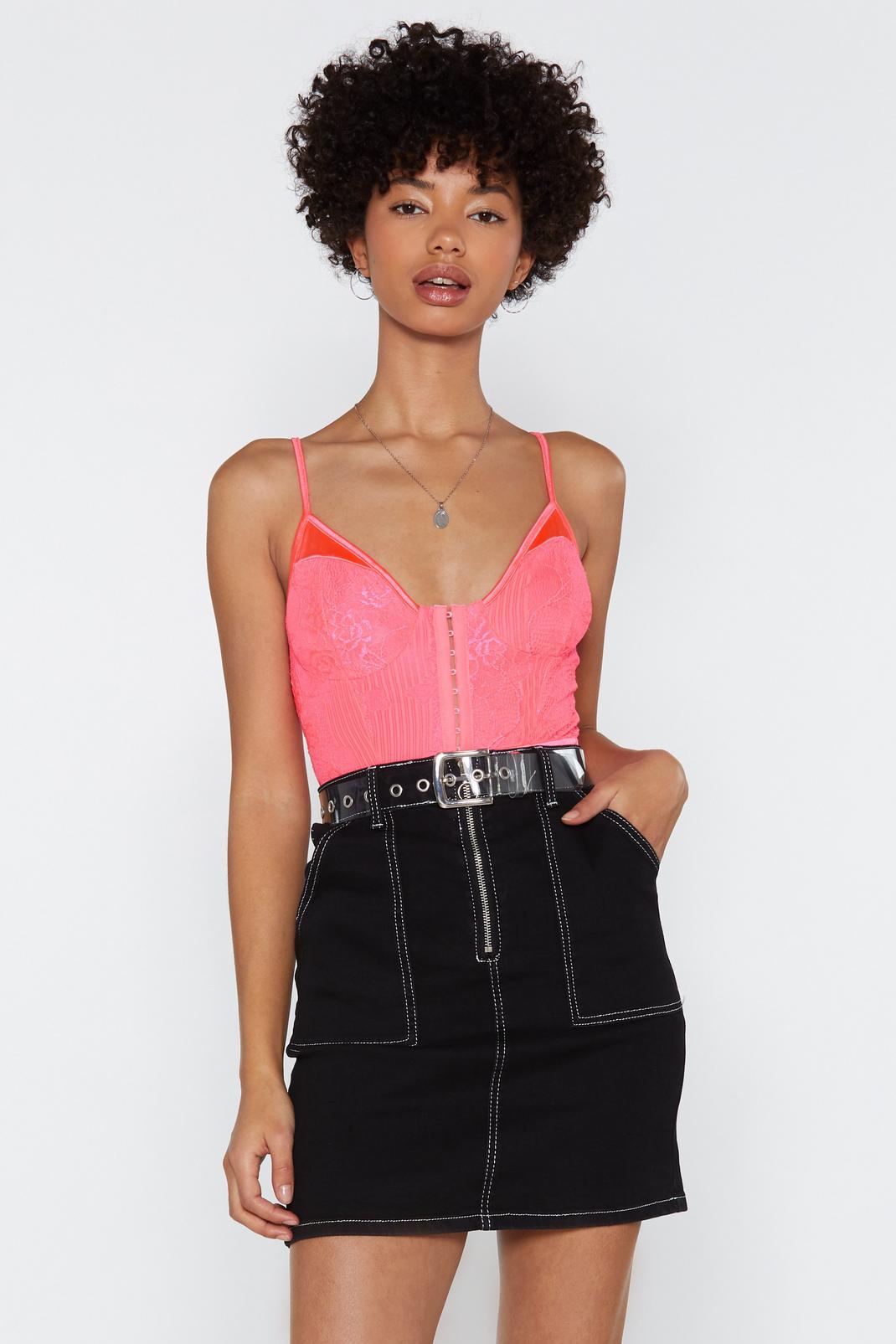 Neon-pink Lace Yourself Neon Bodysuit image number 1