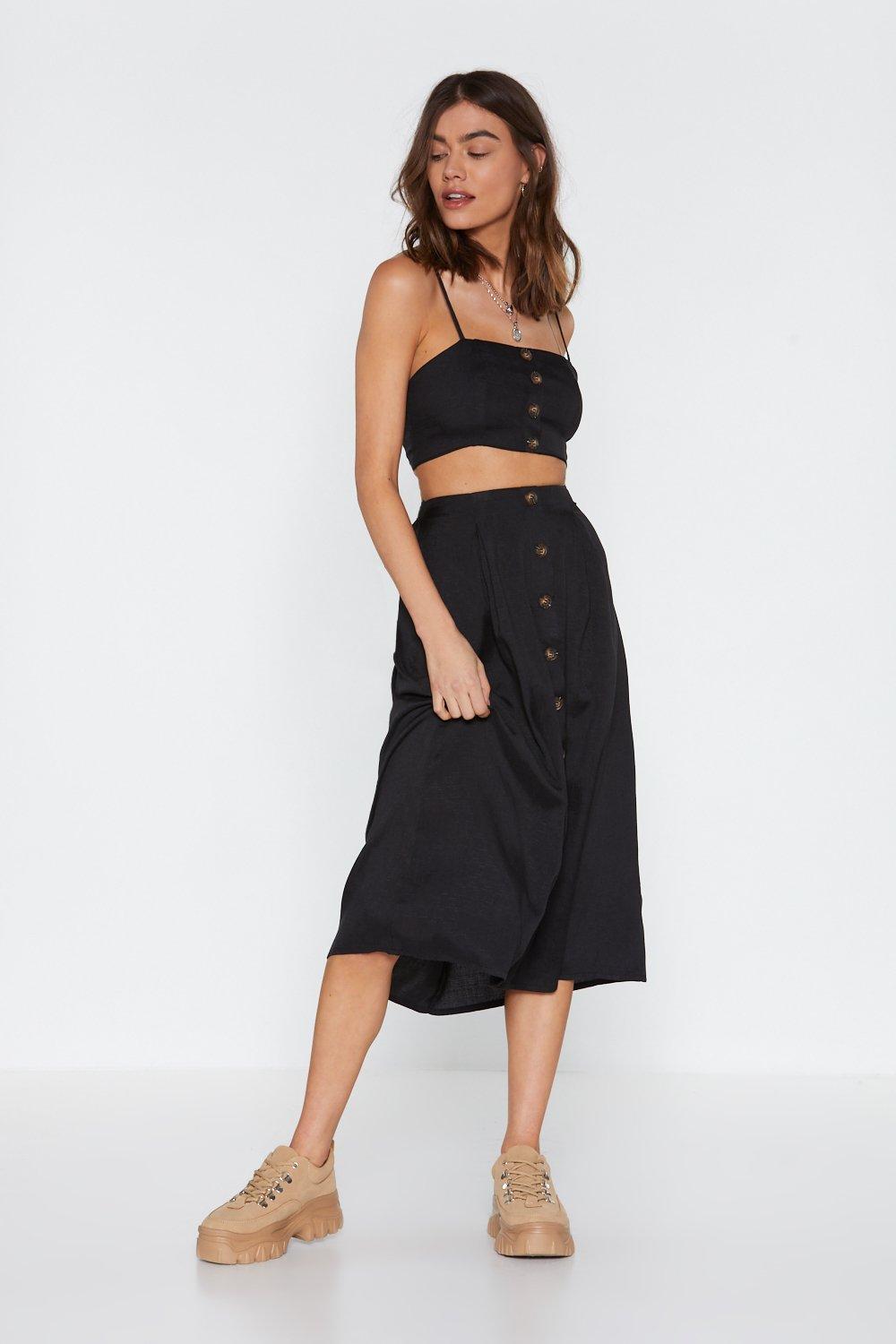 black midi skirt and crop top