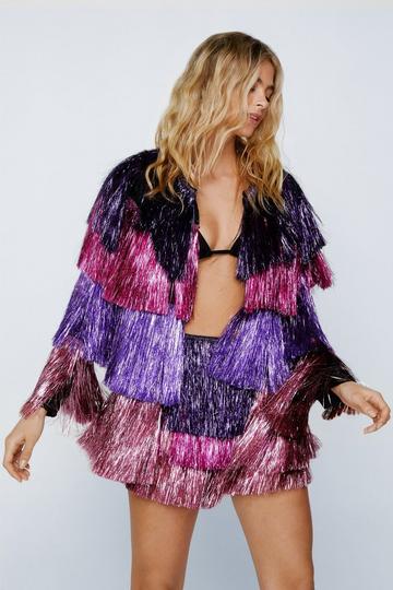 Metallic Two Piece Tiered Fringe Open Front Jacket pink