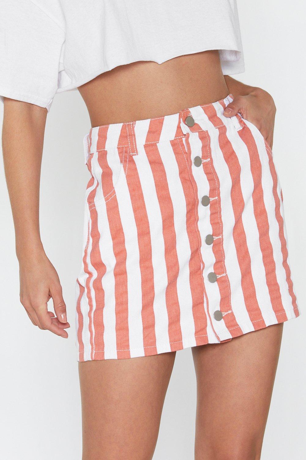 Denim skirt with 2024 red and white stripe