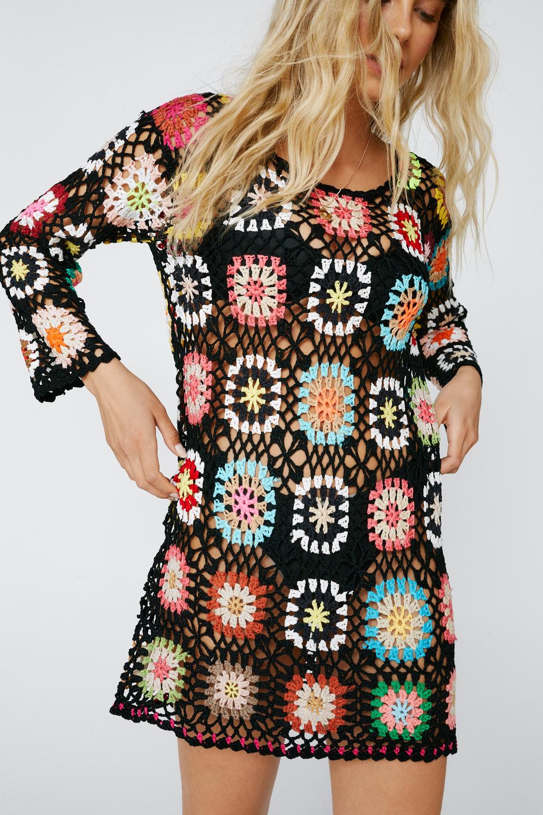 Black Multi-Coloured Crochet Long Sleeve Mini Dress image number 1
