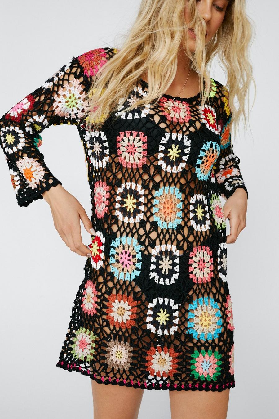 Multicolored Crochet Long Sleeve Mini Dress