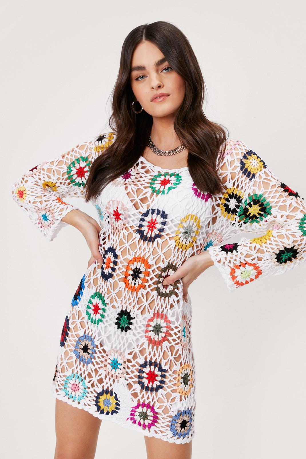 White Multi-Coloured Crochet Long Sleeve Mini Dress image number 1