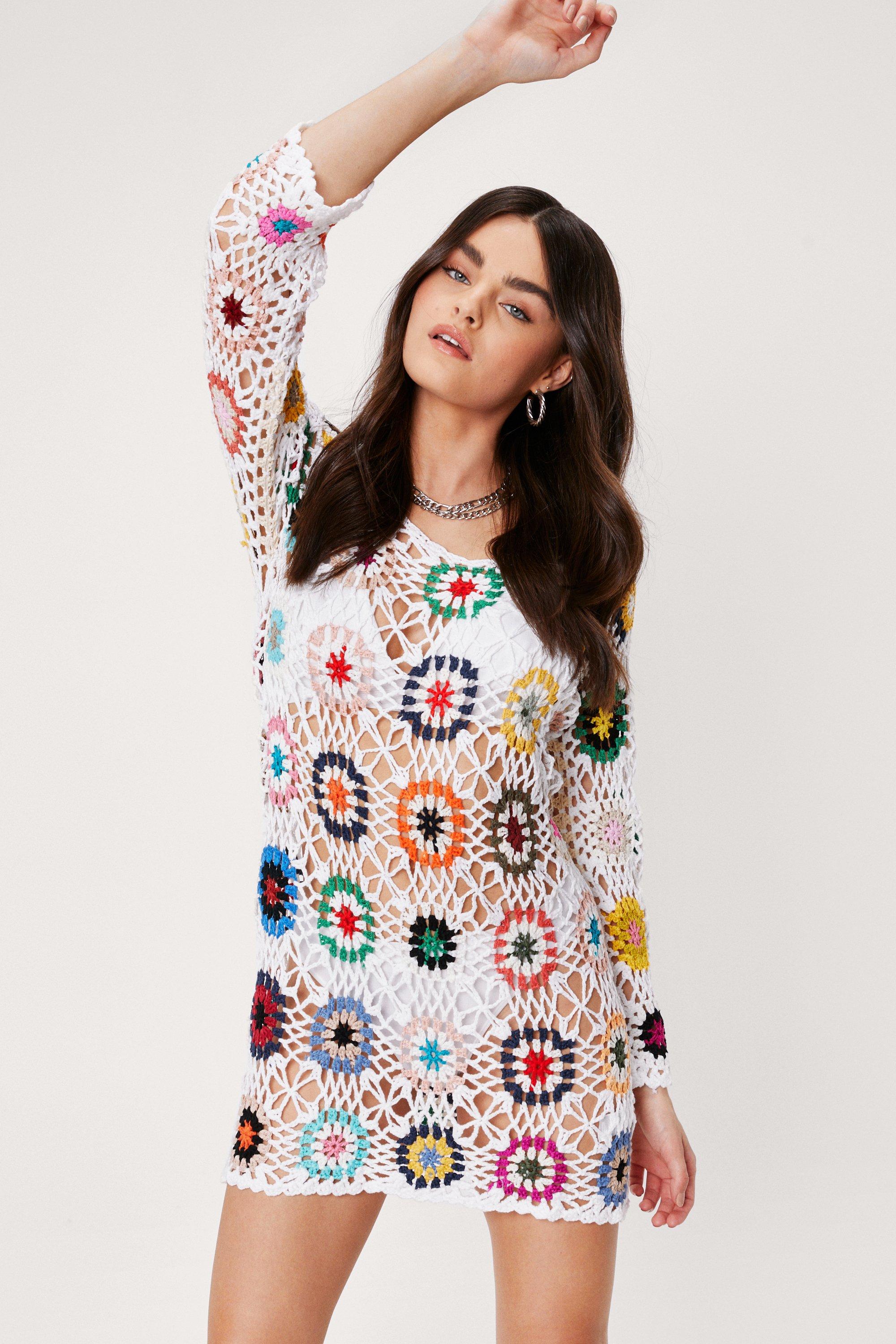 Multi Coloured Crochet Long Sleeve Mini Dress