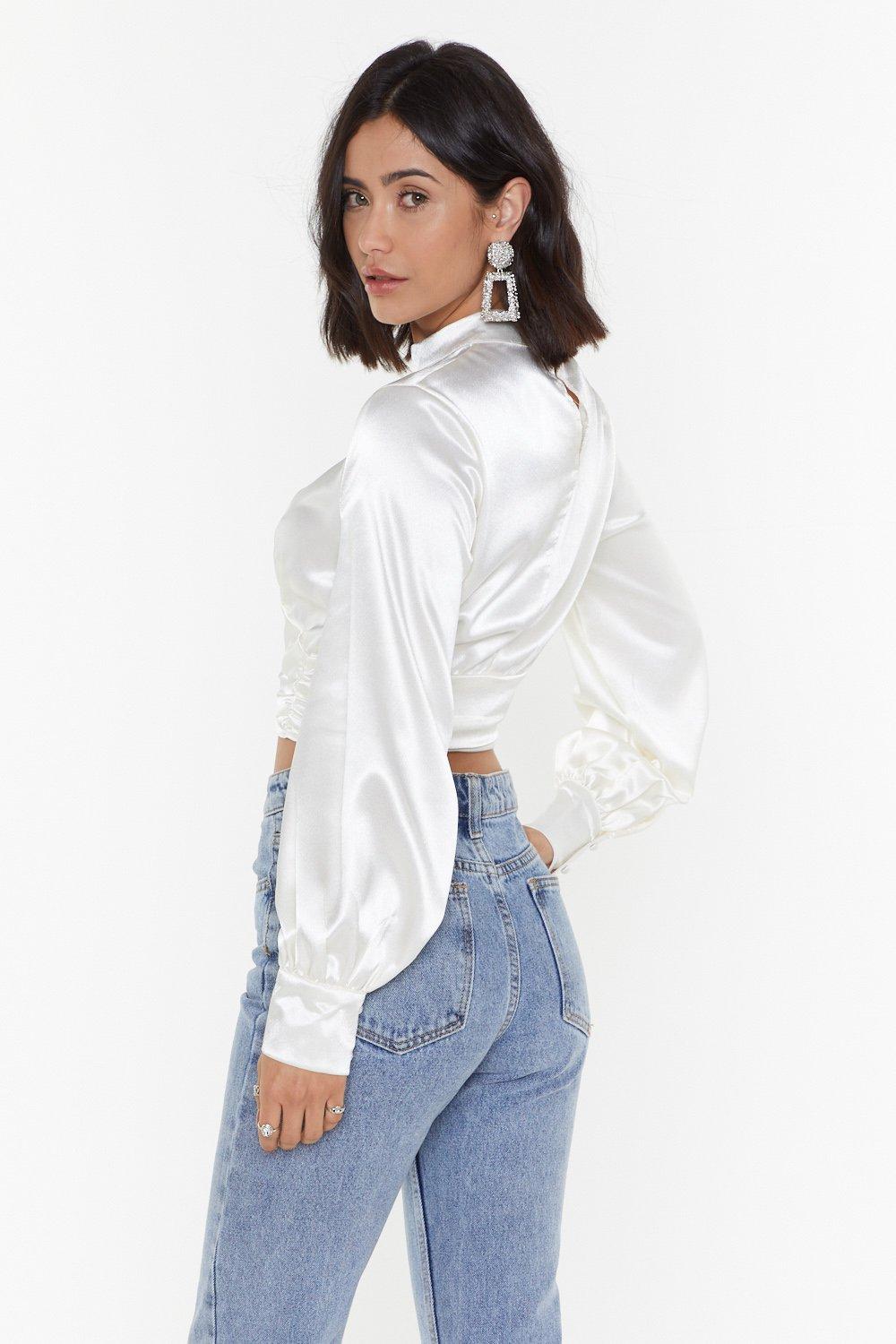 White satin high neck sales top