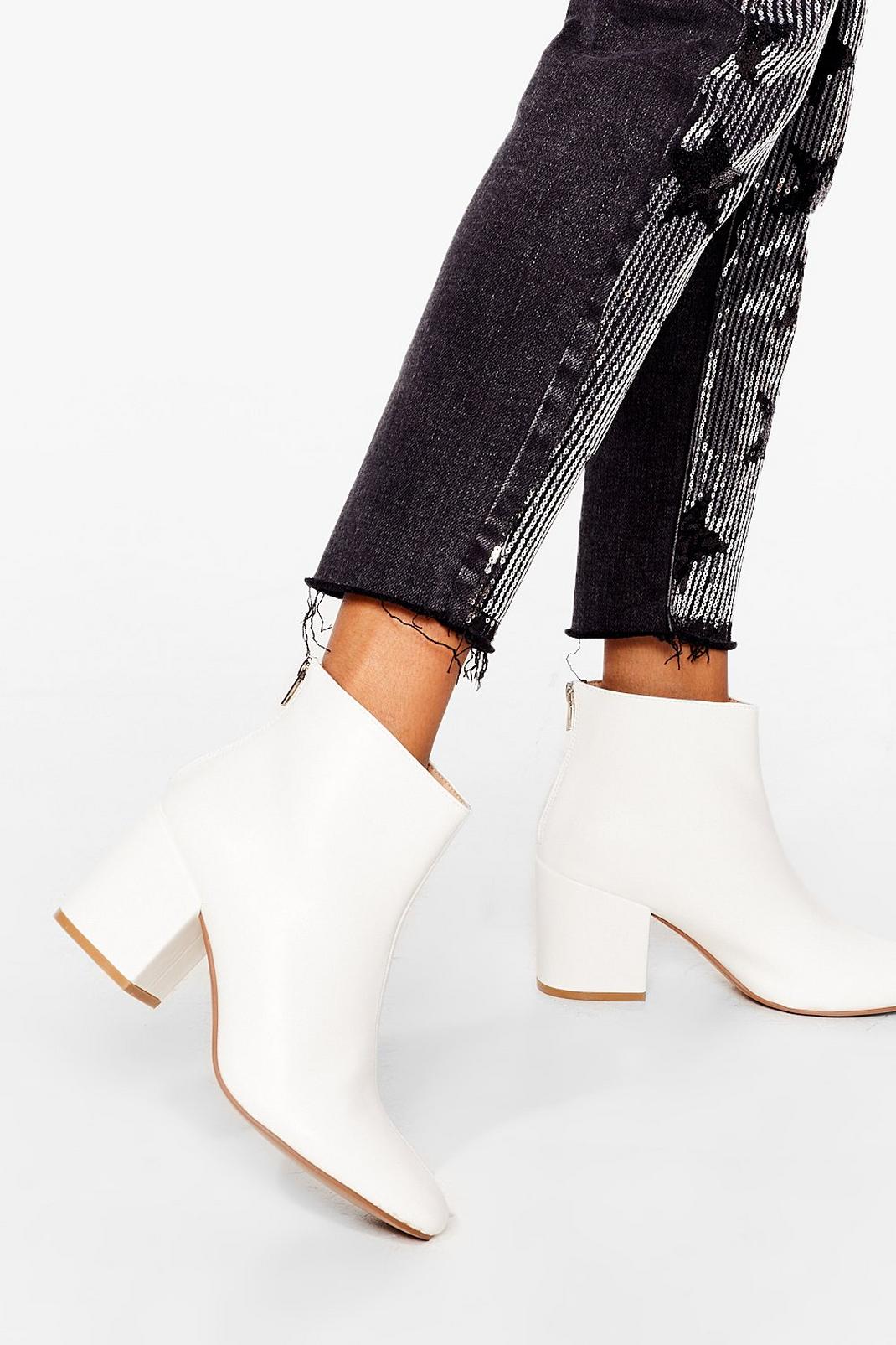 White Faux Leather Block Heel Ankle Boots image number 1