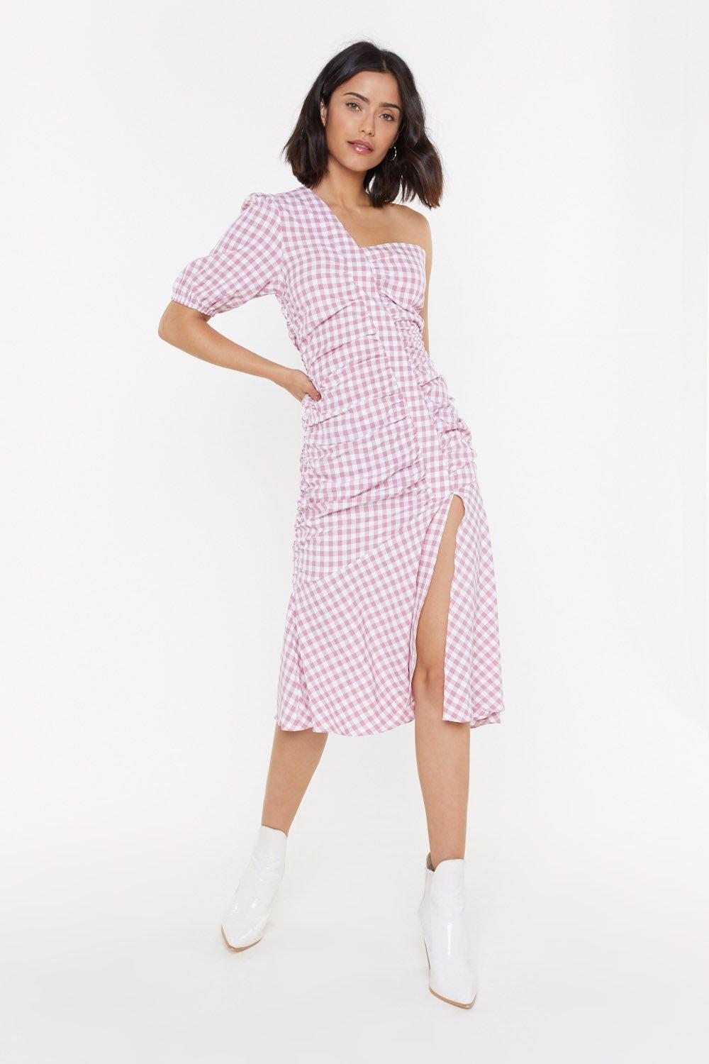 gingham one shoulder dress