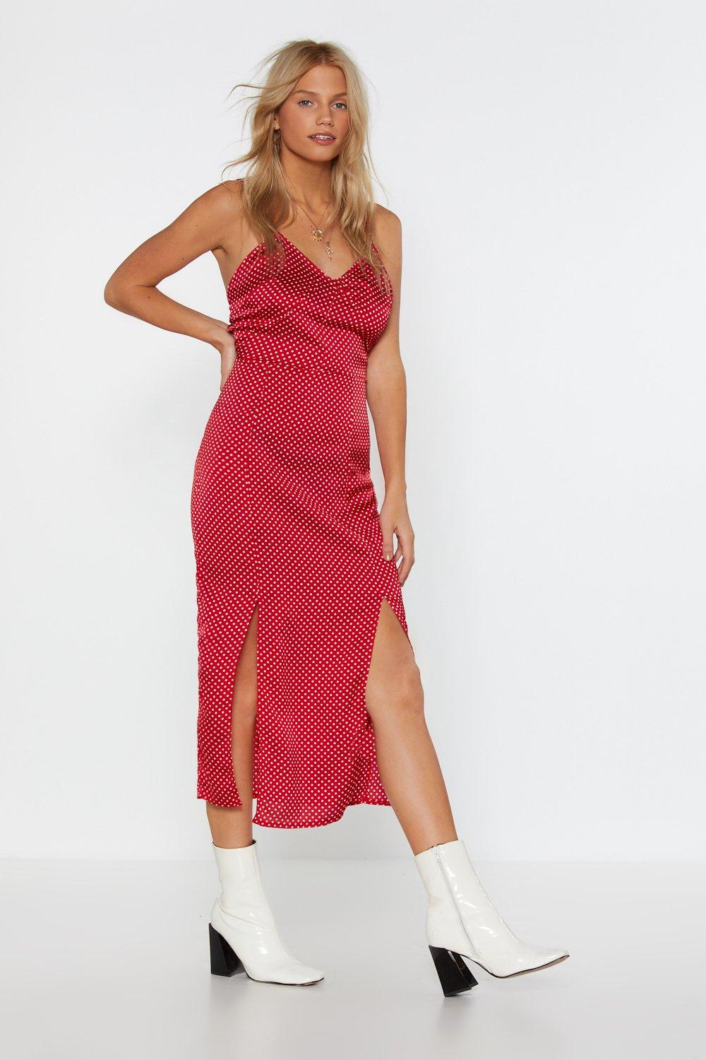 midi red polka dot dress