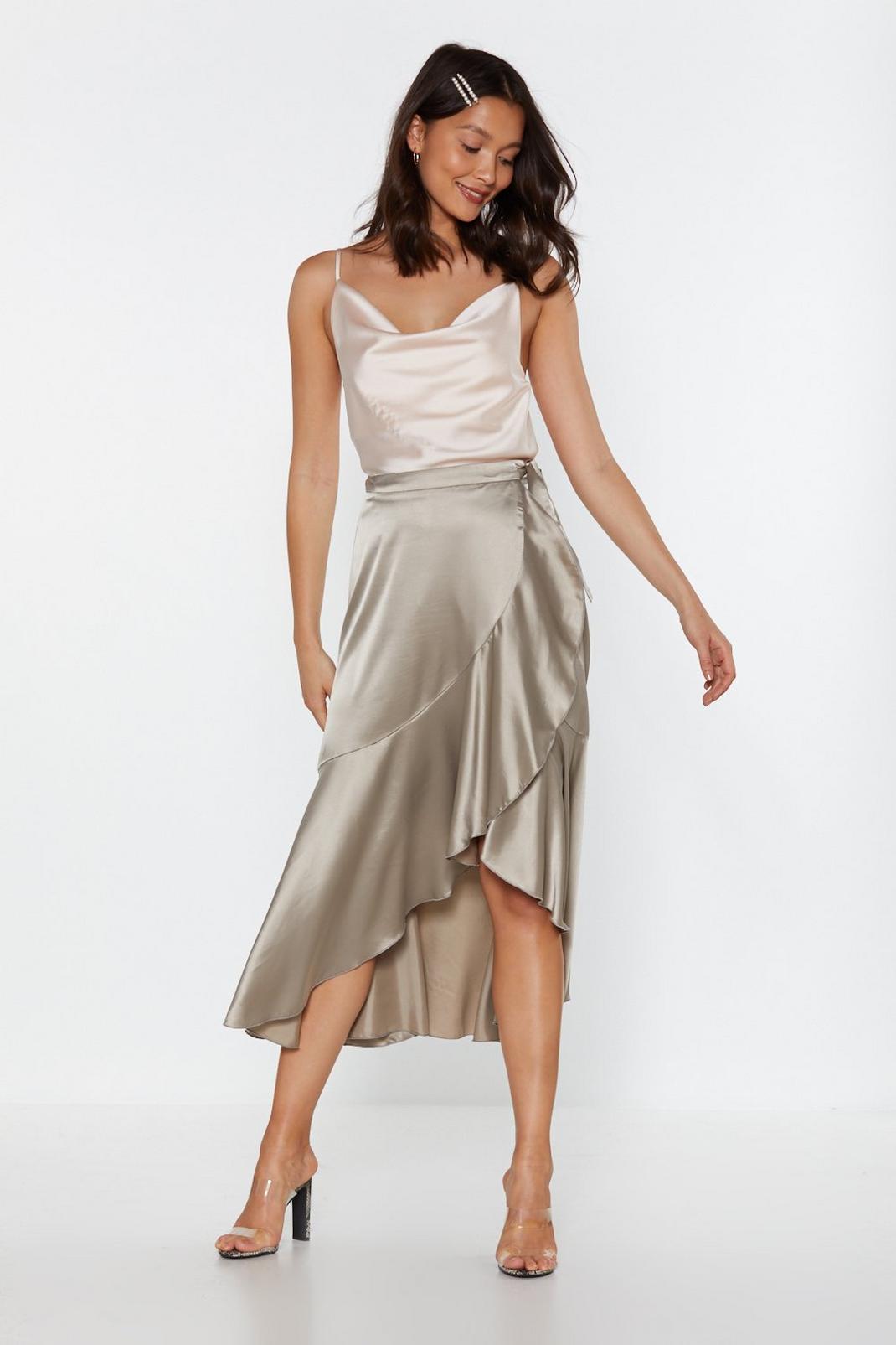 High-Waisted Satin Midi A-Line Wrap Skirt