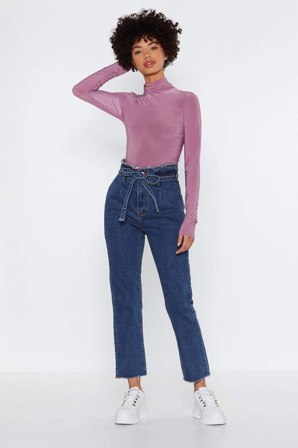 blue high waisted frayed paper bag mom jeans