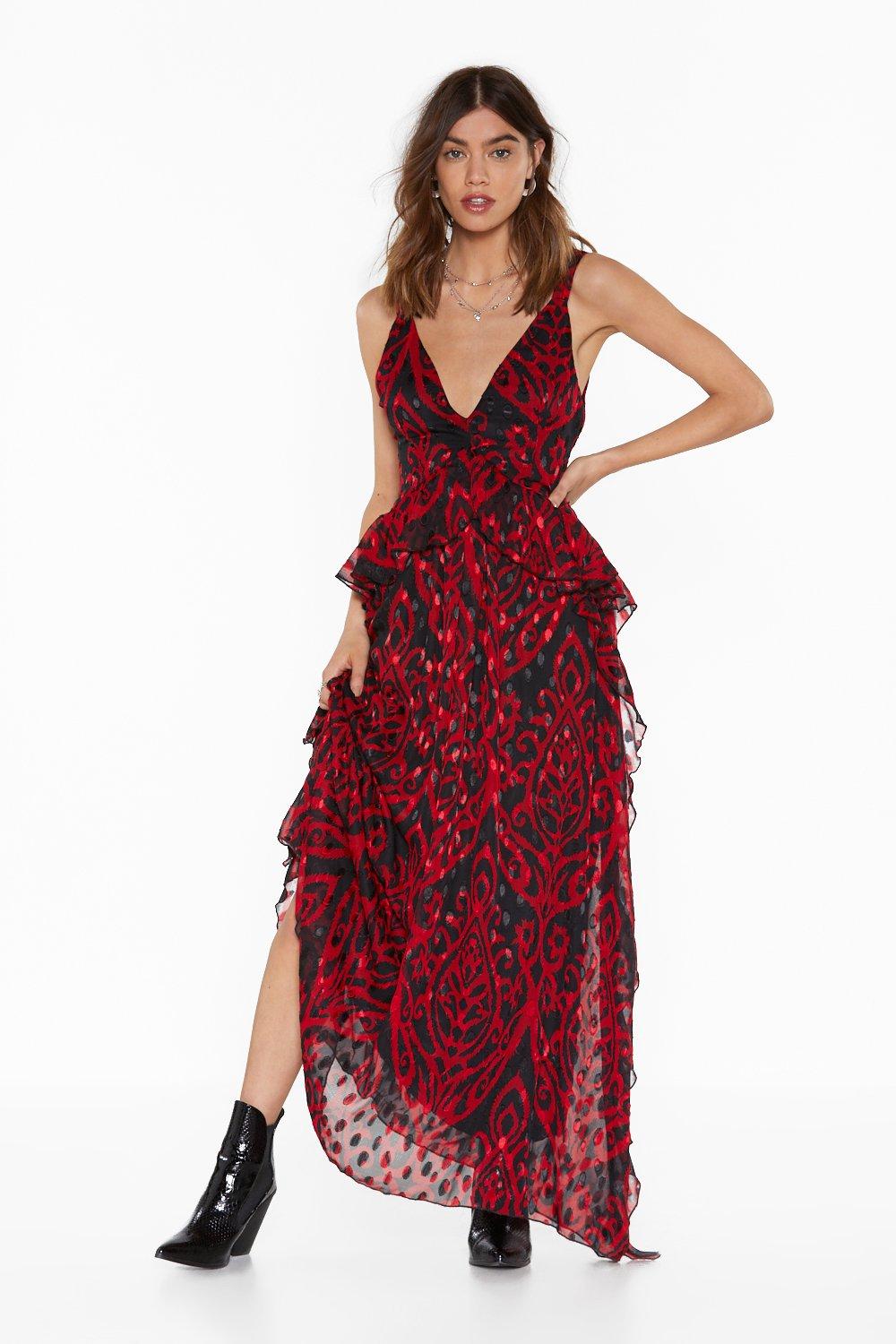 Red Jacquard Maxi Dress with Plunging V 