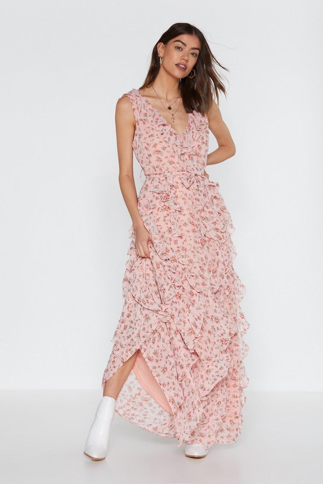 Pink V Neck Floral Ruffle Maxi Dress image number 1