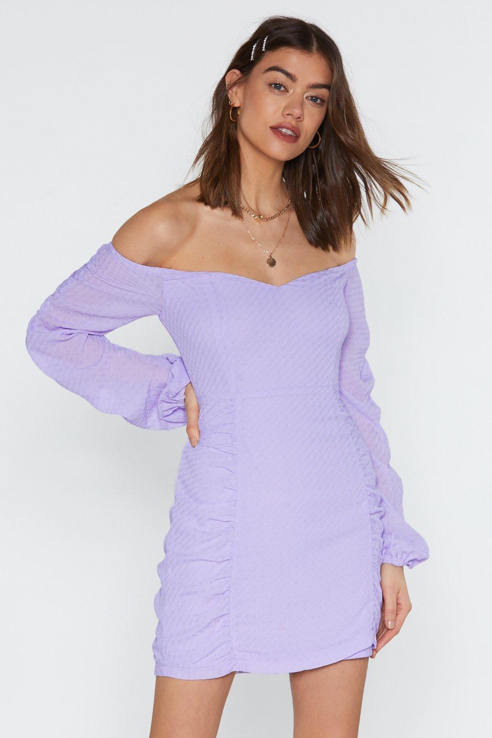 purple off the shoulder dress