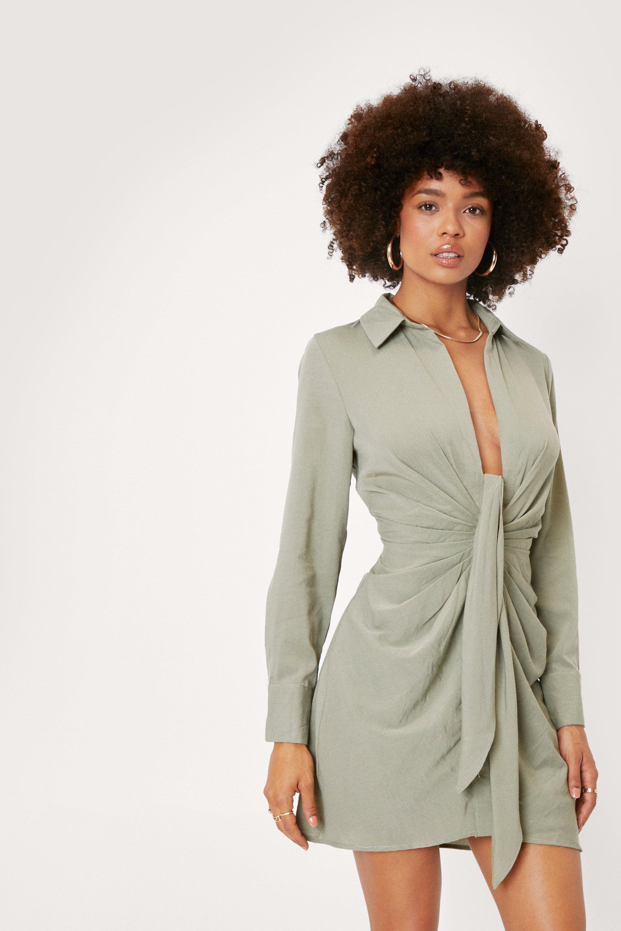 Deep V Neck Tie Front Shirt Dress