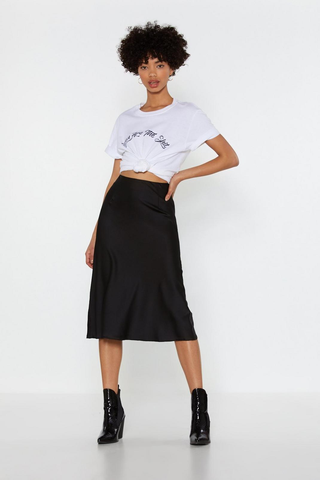 Black Satin Slinky Bias Cut Midi Skirt image number 1