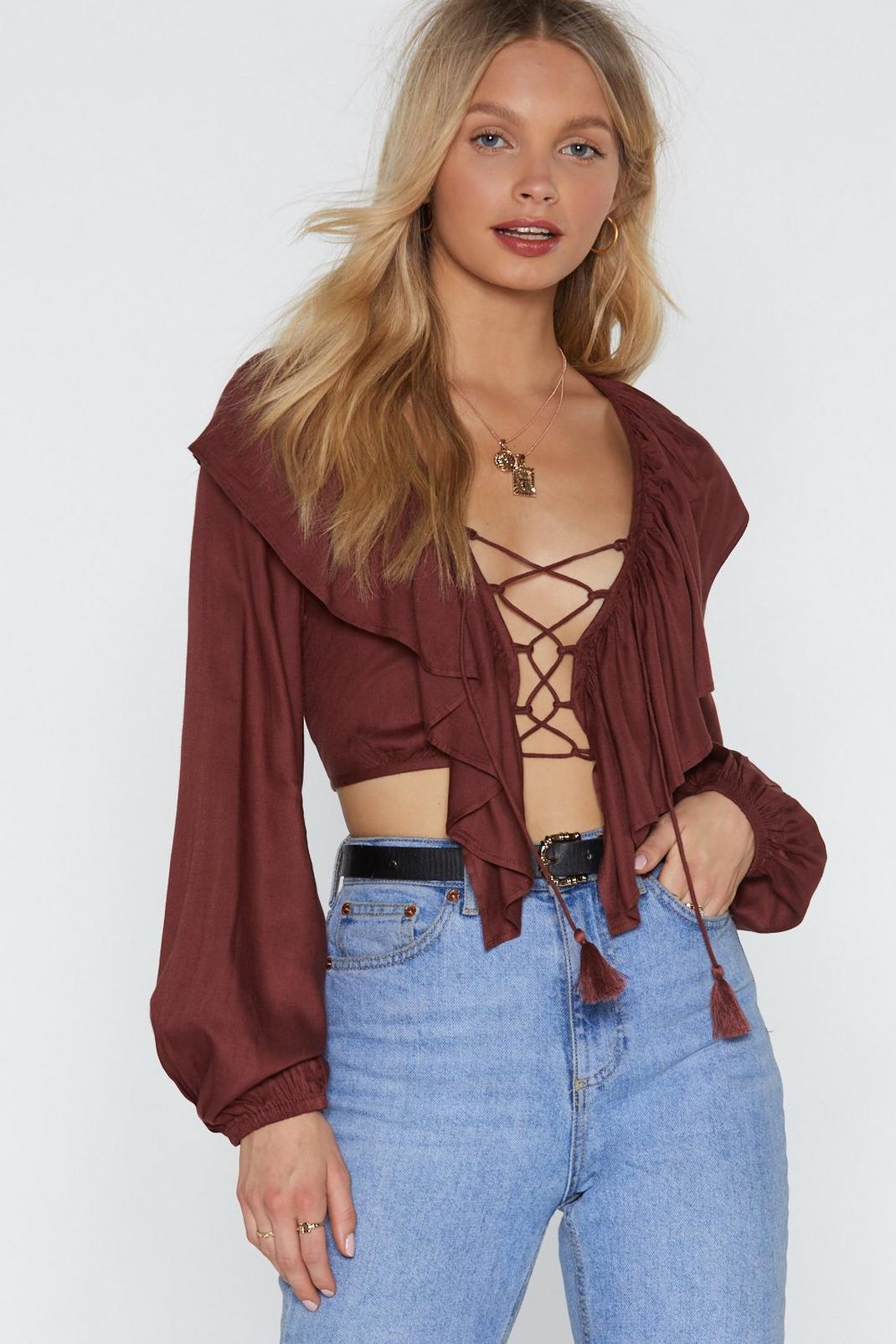 Lace-Up the Competition Cropped Ruffle Blouse image number 1