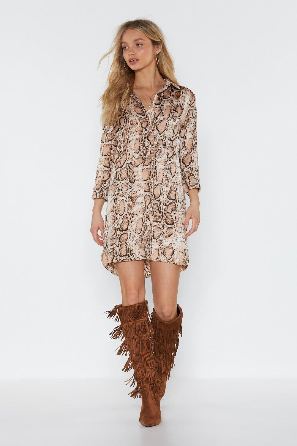 brown snake print shirt dress