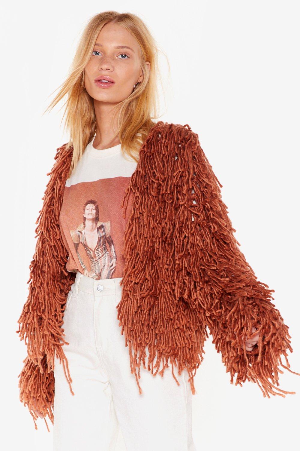 shaggy red cardigan