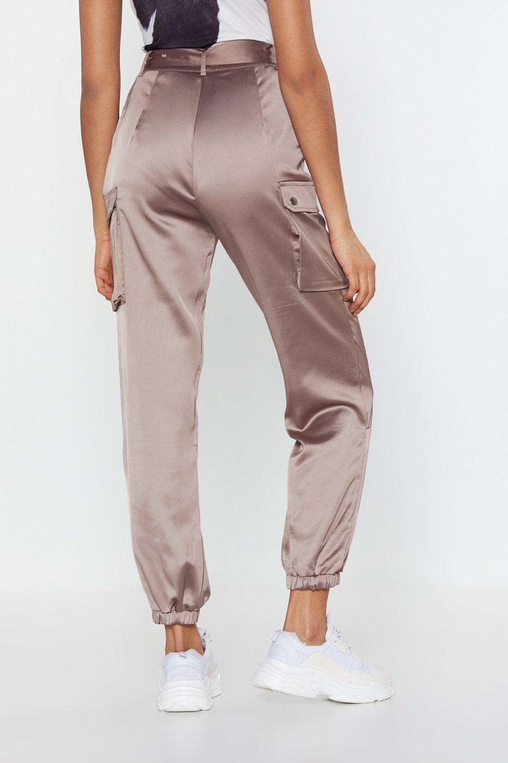 Women's Belted Baggy Satin Cargo Pant, Women's Clearance
