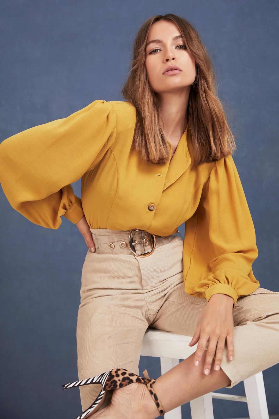 Mustard Let's Get Button-Down to Business Blouse image number 1
