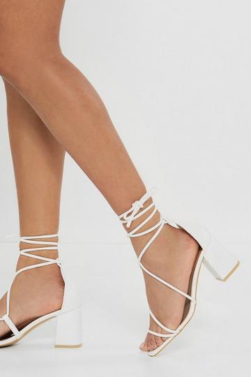 White Strappy Lace Up Block Heel Sandals