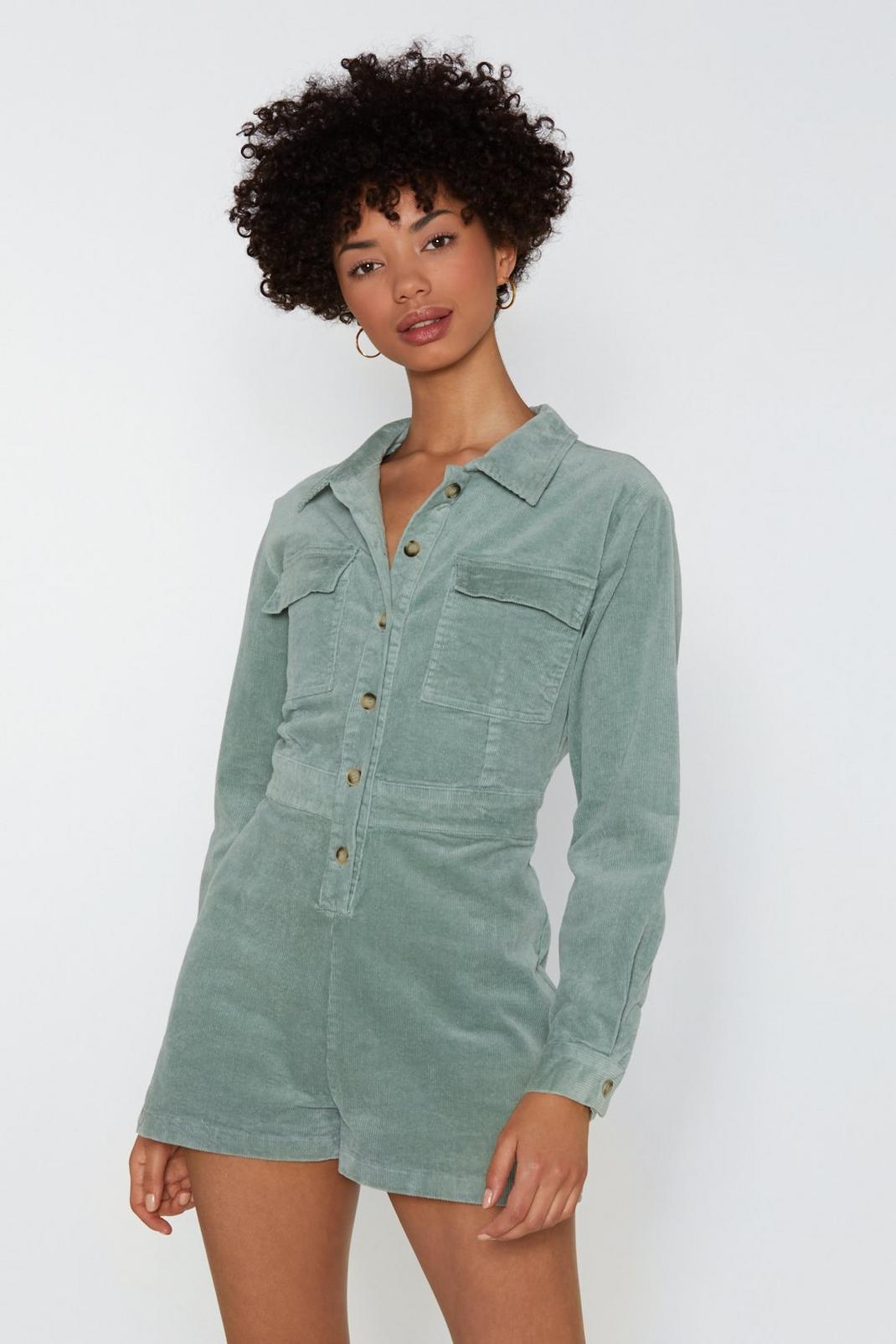 Sage No Ifs ands or Buttons Corduroy Romper image number 1