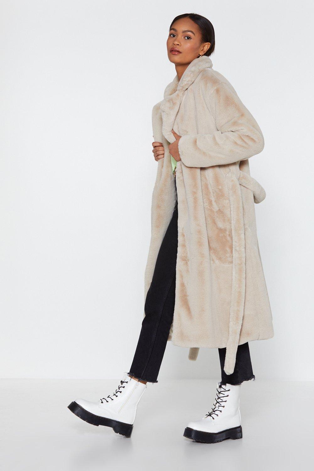 Cream longline faux fur cheap coat