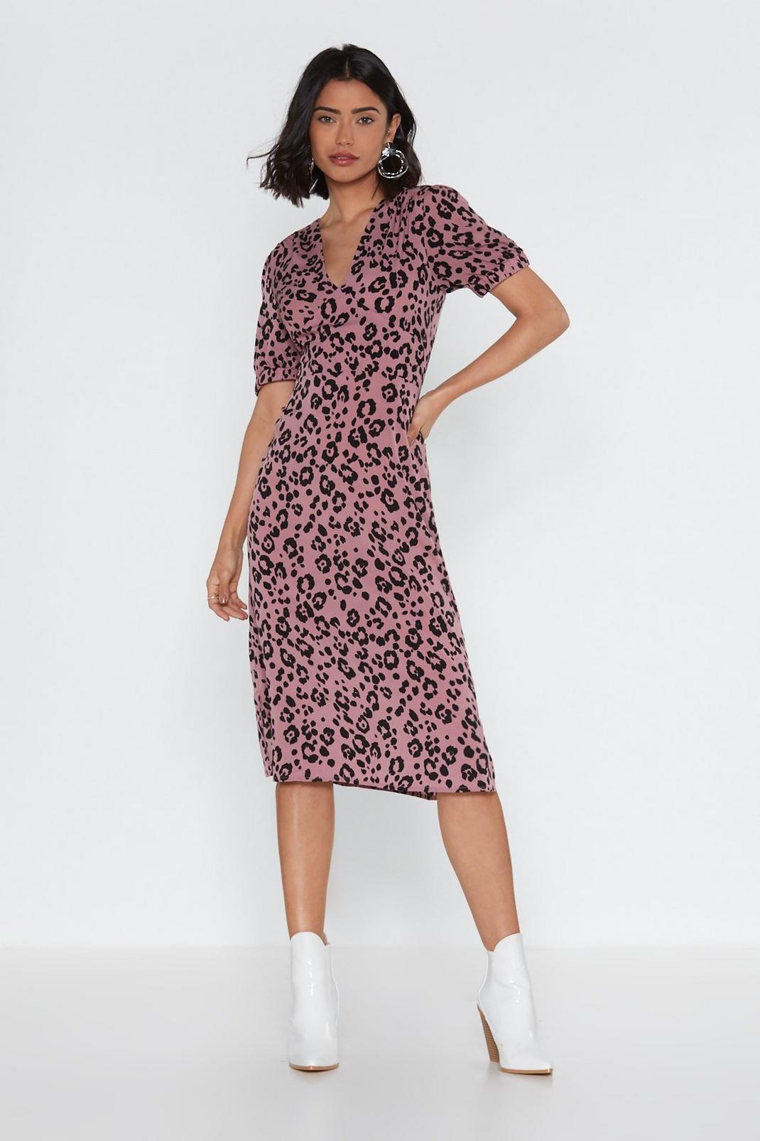 Lilac Leopard Print V Neck Midi Dress image number 1