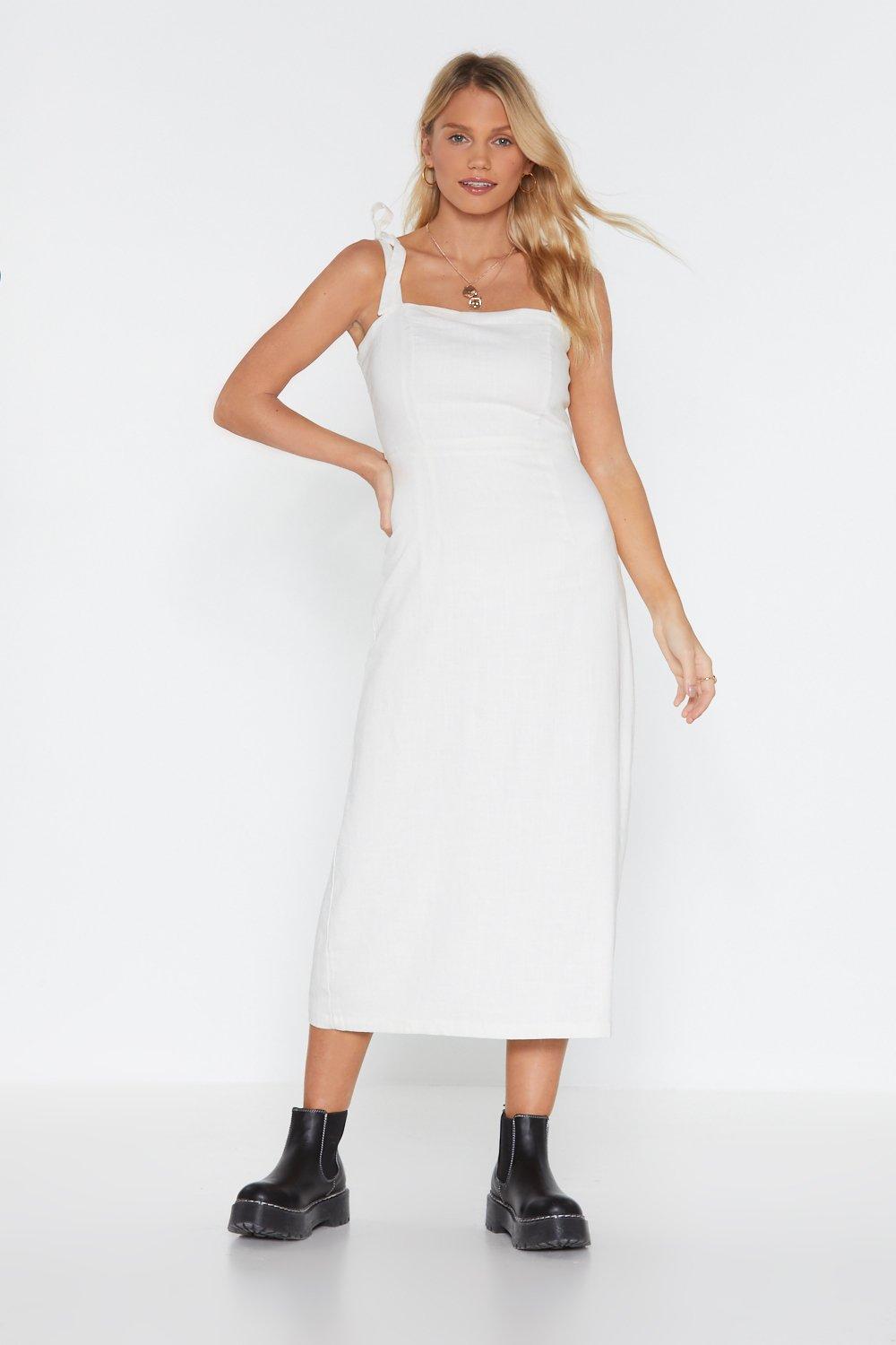 white linen midi dress