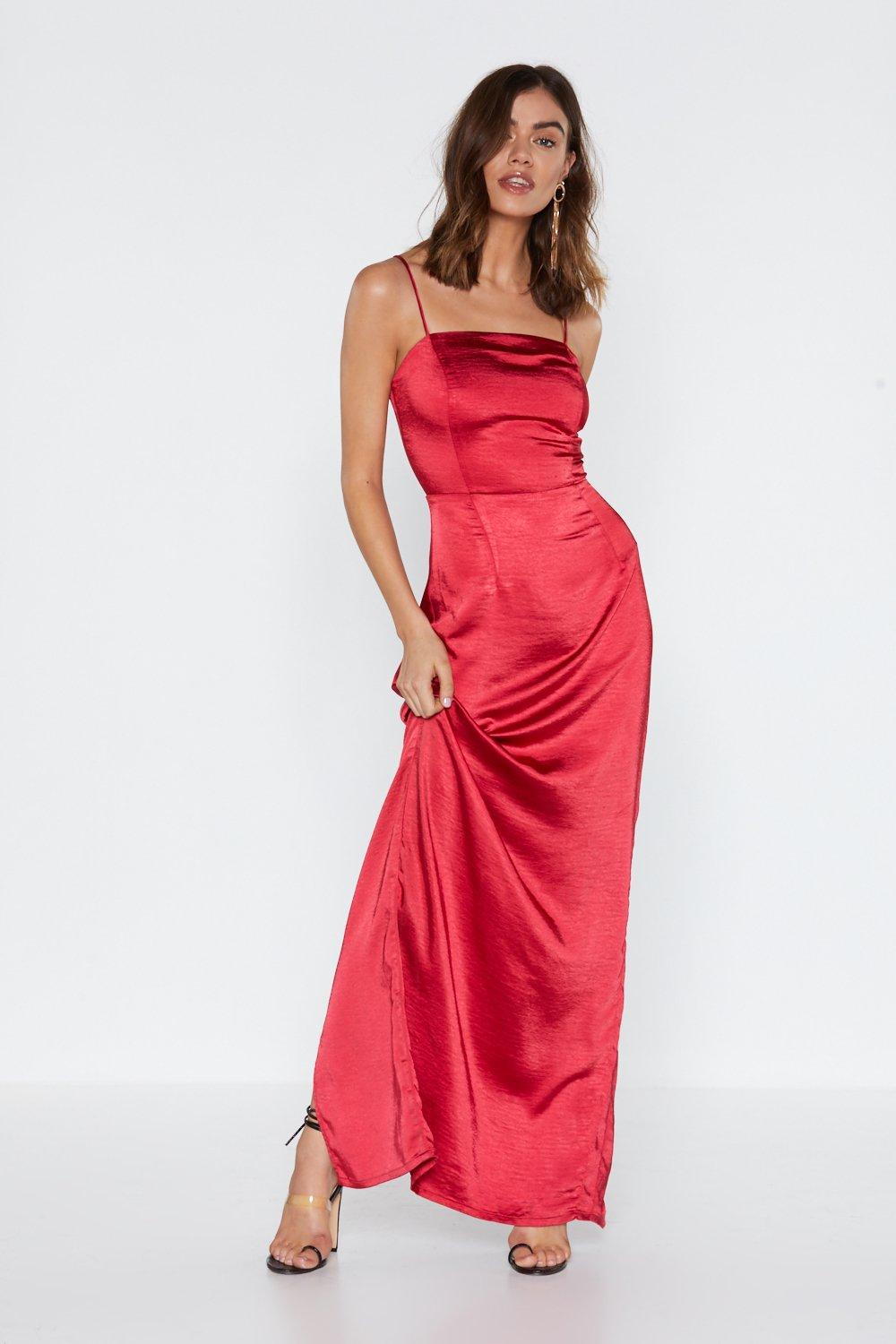 red maxi satin dress