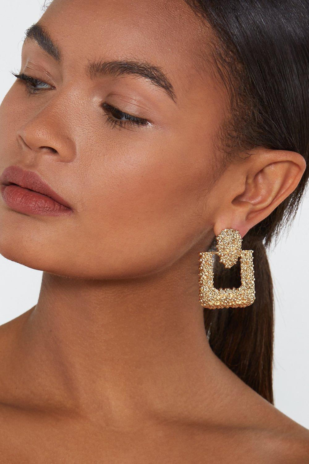 Gold chunky textured square drop door knocker earrings deals