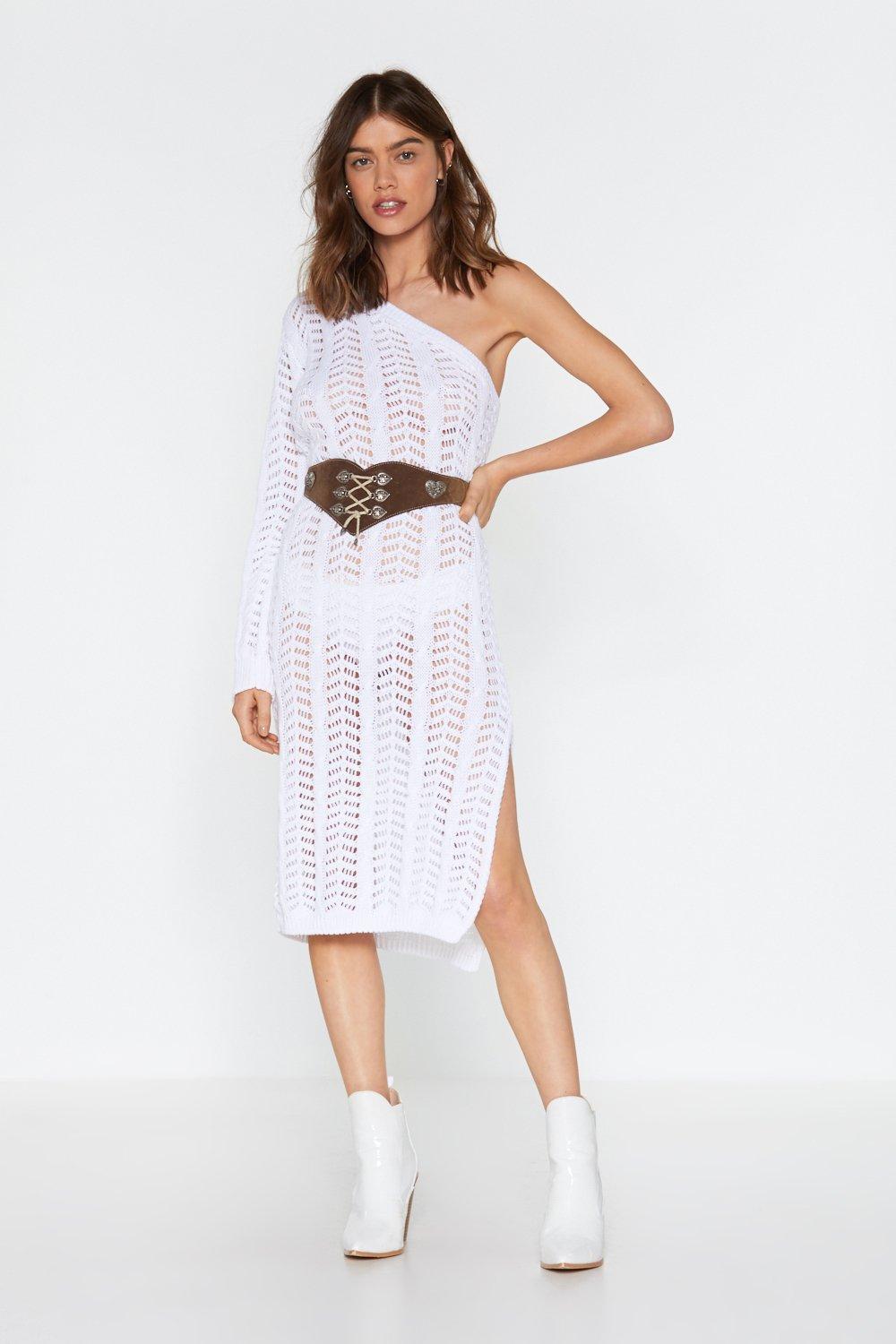 white knitted one shoulder dress