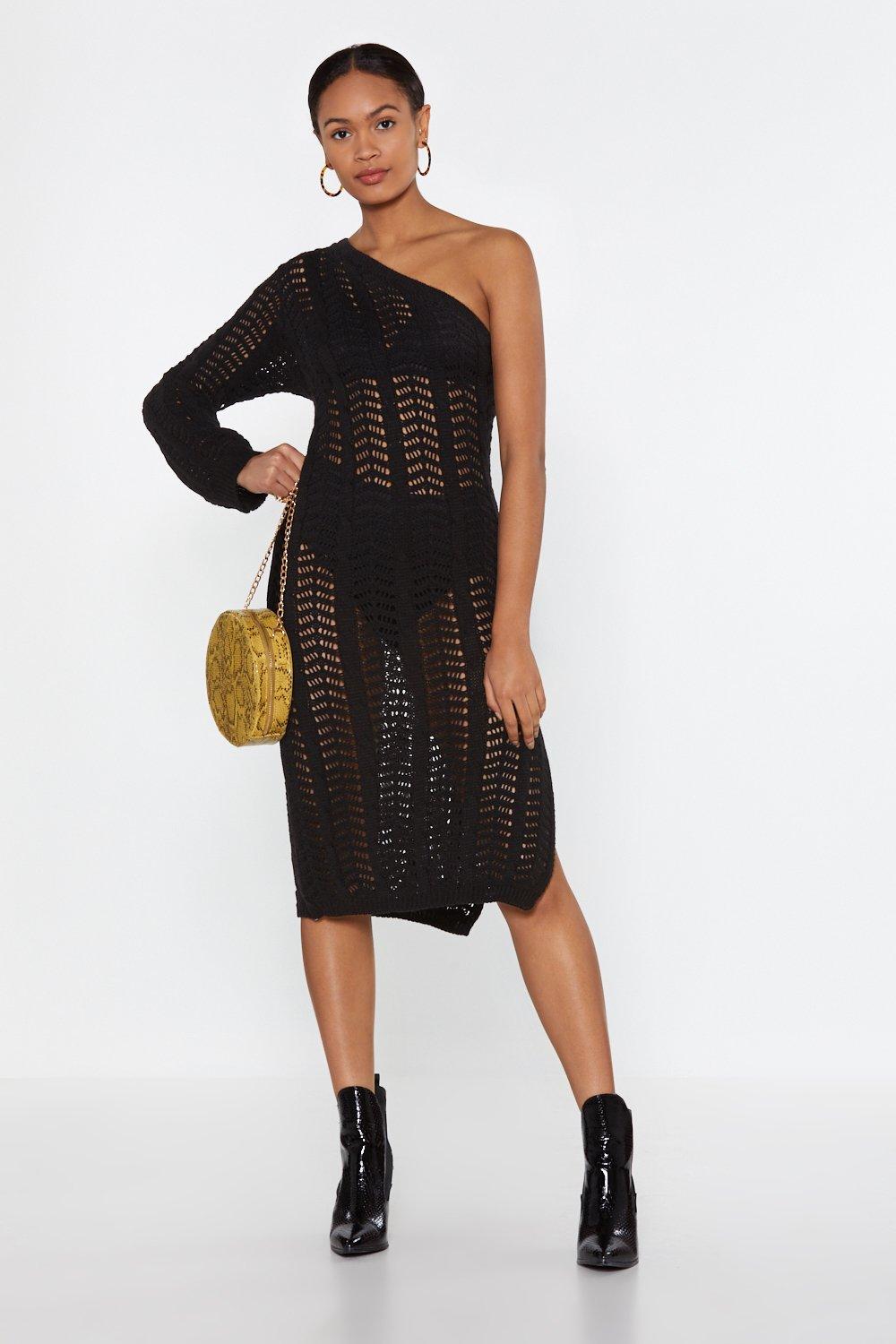 black crochet one shoulder dress