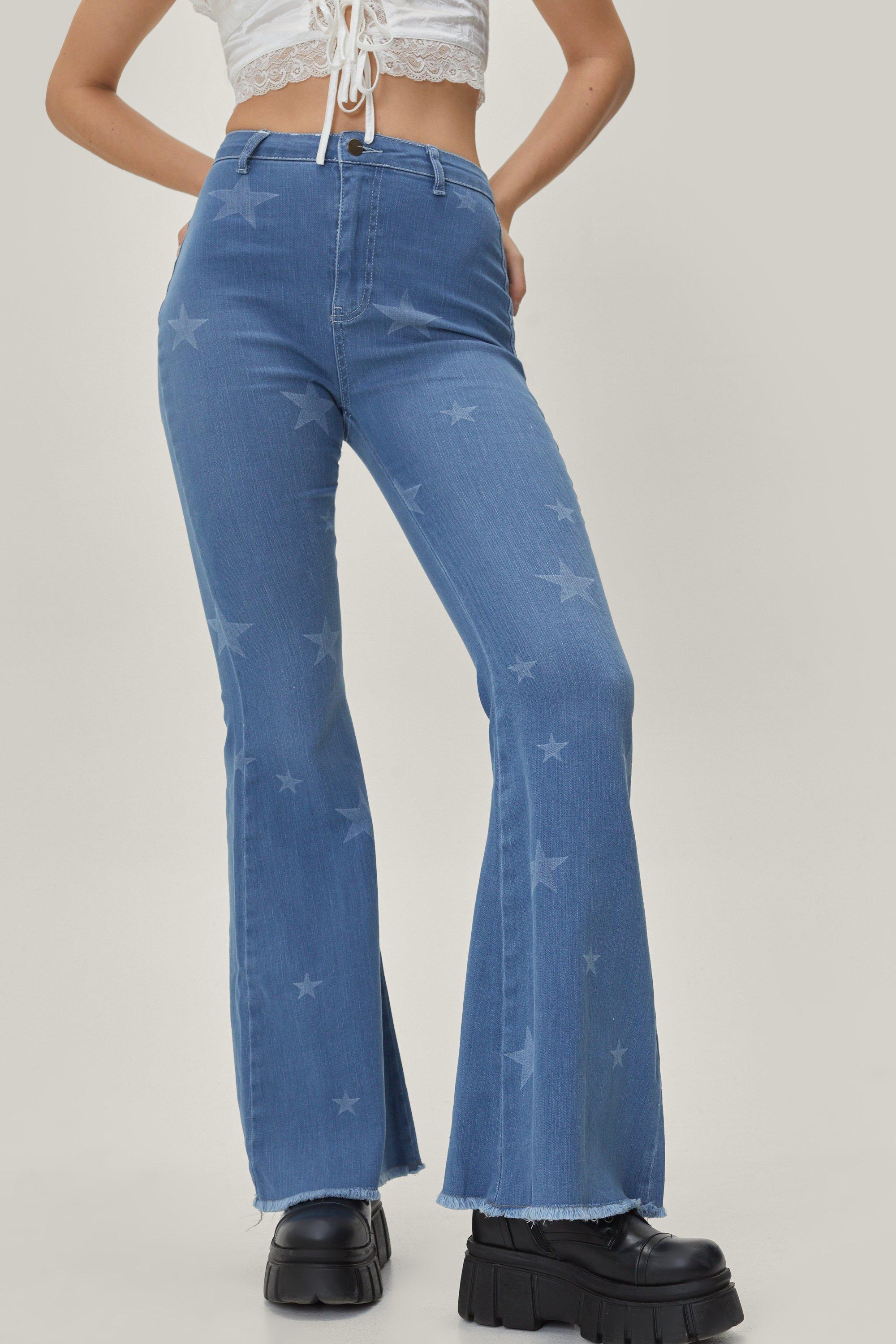 High Rise Flare Jeans for Women Star Print Slim Fit Flare Frayed Hem Denim  Pants at  Women's Clothing store