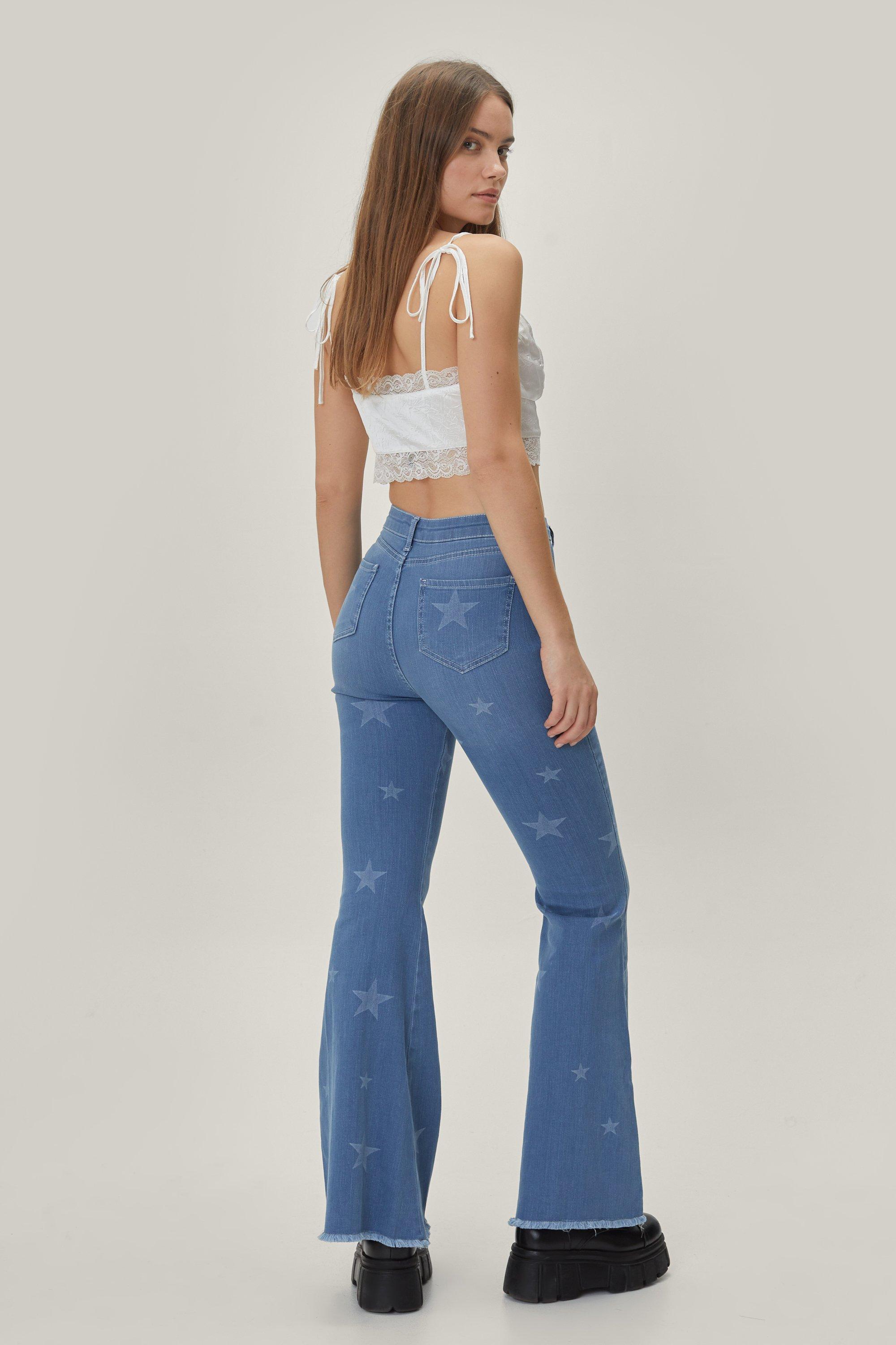 High Waisted Star Print Flare Jeans