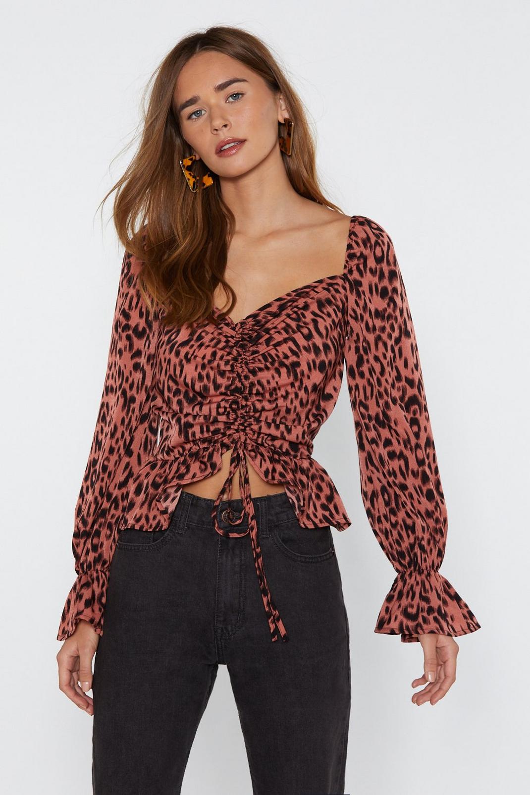 Terracotta Leopard Ruched Puff Sleeve Blouse image number 1