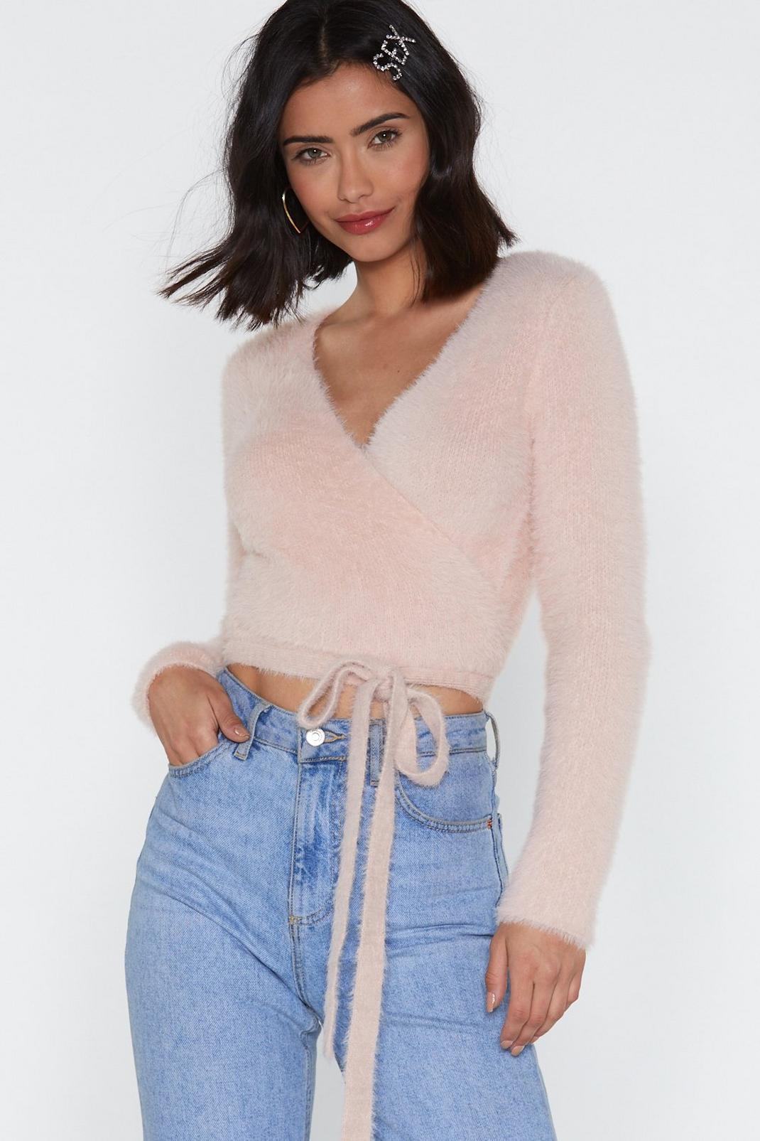 Pink Fluffy Knit Cropped Wrap Sweater image number 1