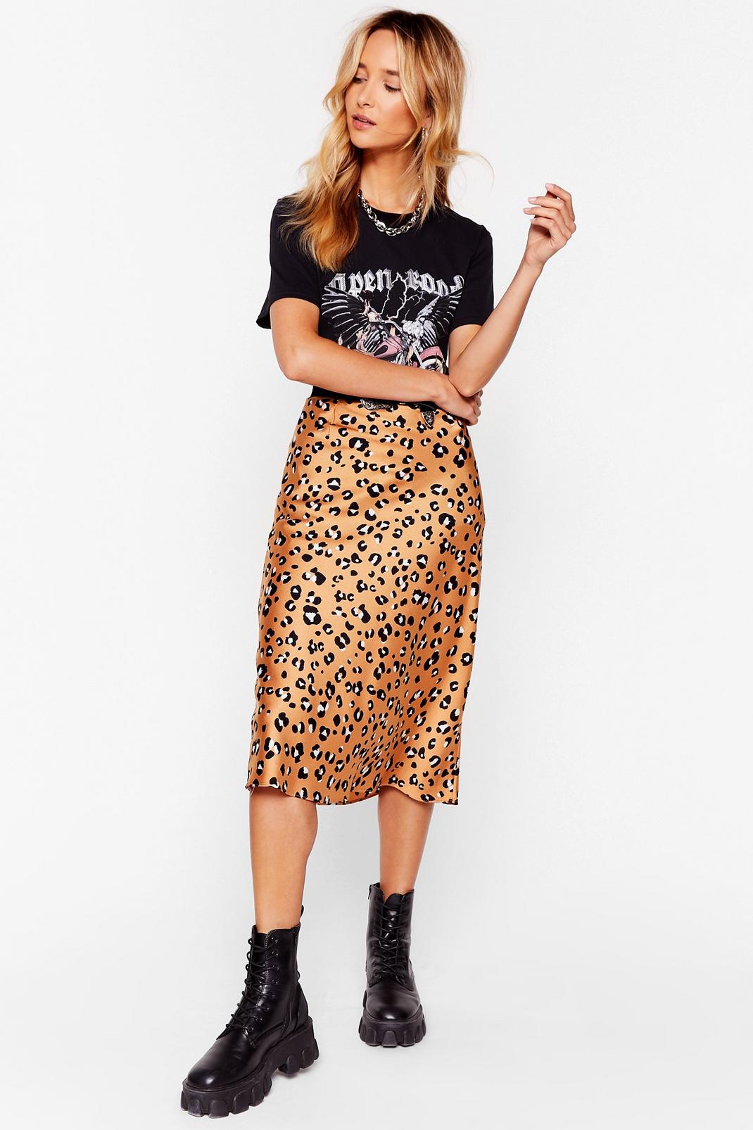 High-Wasted Satin Leopard Print Midi Skirt image number 1
