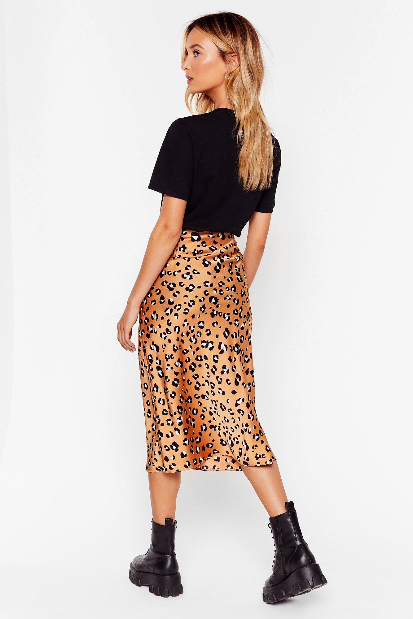 High Wasted Satin Leopard Print Midi Skirt