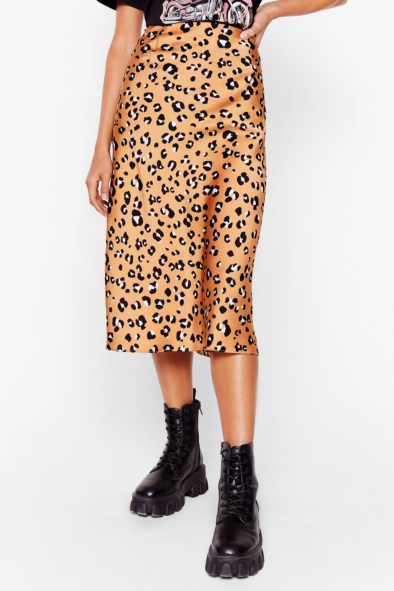 High Wasted Satin Leopard Print Midi Skirt