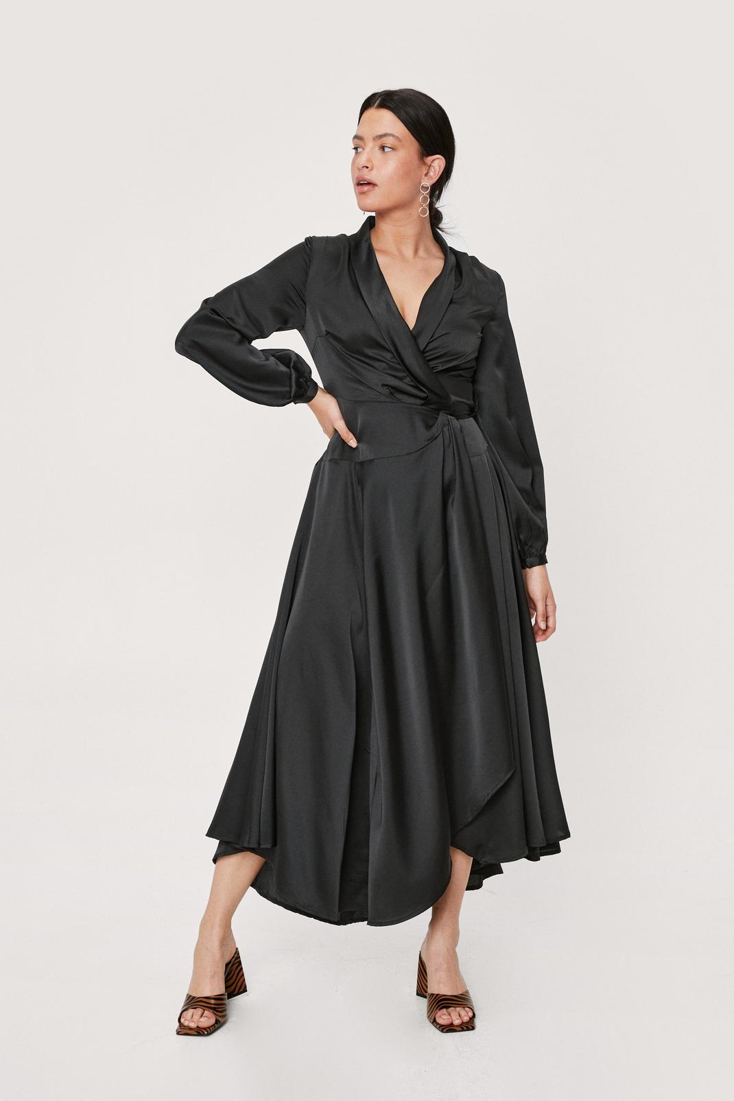 Black Satin Long Sleeve Maxi Wrap Dress image number 1