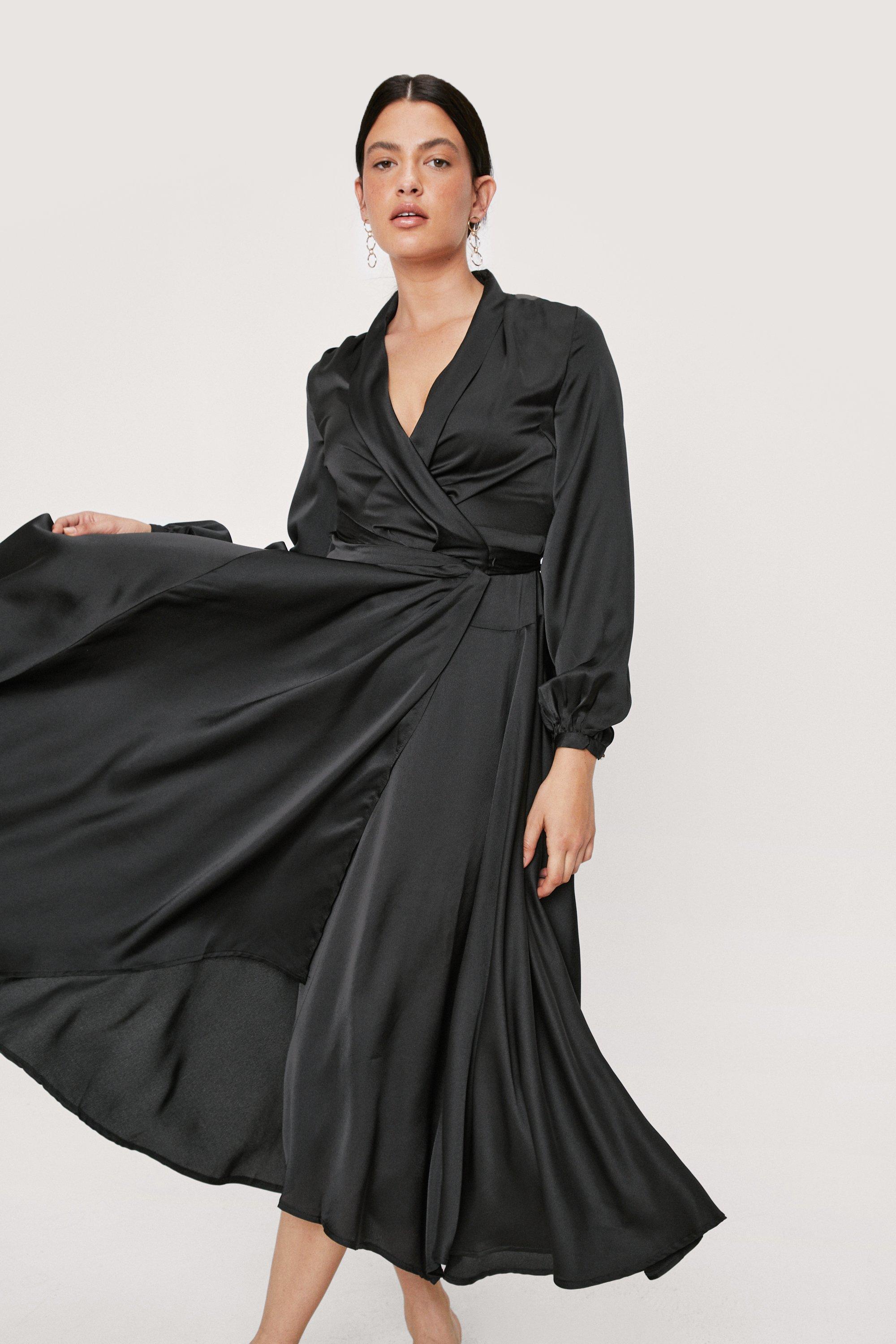 Satin wrap clearance dress with sleeves